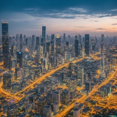 Naklejka premium overhead view of modern bangkok city with at dusk,skyscrapers lit up against the night sky