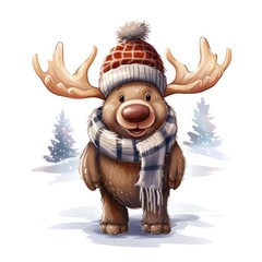 Illustration of a cute moose wearing a knitted hat, scarf and jacket on a white background.