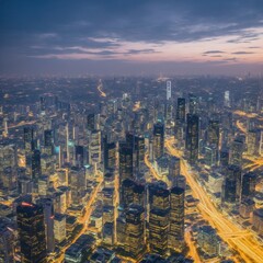 overhead view of modern bangkok city with at dusk,skyscrapers lit up against the night sky