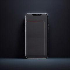 Smartphone is shown in silver, standing upright in a black room. The screen is black. ai generative