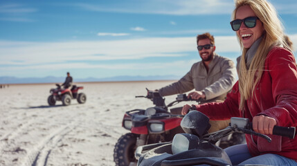 Fototapeta na wymiar Tourists crossing a salt desert with a quad bike