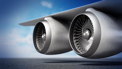 Jet engines in the wing of a passenger airplane. 3D illustration