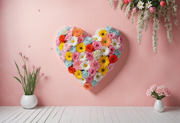 Lovely floral decoration with heart-shaped paper on wall and vase on floor