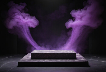 Purple light and smoke on black stone platform for product display and advertising, with open space for text. - obrazy, fototapety, plakaty