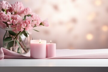 Fototapeta na wymiar romantic desk mockup, pink flowers and candles. ai generated