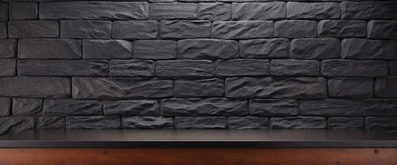 Wooden table against a black stone wall for showcasing products