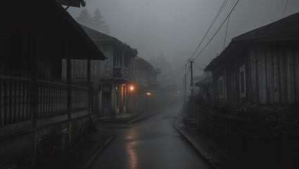 a shot of a run-down neighborhood in a city during a foggy and wet evening with streetlights