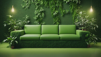 Living plant sofa on green backdrop - eco-friendly design concept art