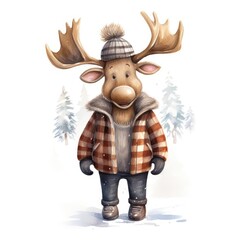 Watercolor illustration of a cute moose wearing a knitted hat, scarf and jacket on a white background