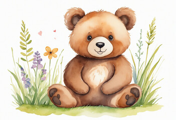 Illustration of a playful brown bear lounging in the meadow. Adorable stuffed animal in watercolor. Animated character drawing.