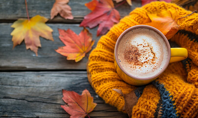 Cozy composition of a cup of cappuccino coffee, coffee beans and autumn leaves on an old wooden...