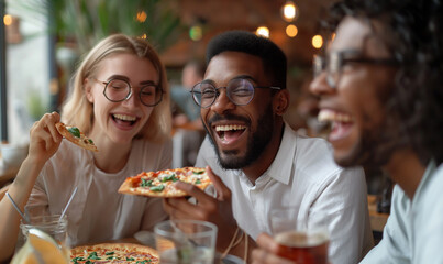 A group of young people in a pub eat pizza and drink drinks. Friends. A cheerful group of teenagers. Food in a restaurant.