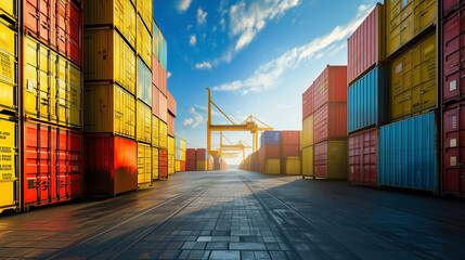 Fototapeta premium Stacked cargo containers at the bustling port, with trucks, cranes, and ships in the background, showcasing the dynamic business of shipping, freight, and logistics in the industrial trade hub