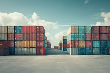 Cargo containers stacked in a port, alongside a container cargo freight ship, showcasing the bustling activity of maritime transportation.