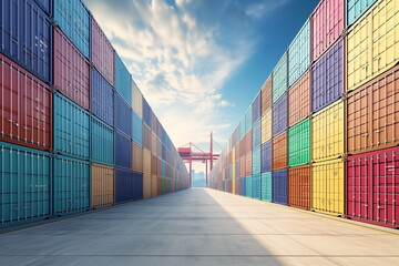 Sunset silhouette of a red container cargo freight ship stacked with containers at a bustling industrial port, representing the dynamic intersection of shipping, freight, and logistics in global trade