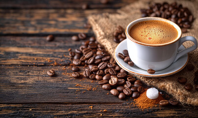 Cozy composition of a cup of cappuccino coffee, coffee beans and autumn leaves on an old wooden...