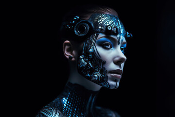 robotic woman portrait on black background, Generative AI