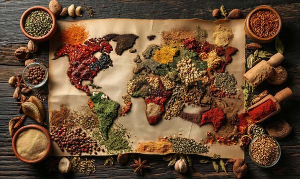 Spices on the map. Colorful various herbs and spices for cooking in the shape of a world map background. Assortment of natural spices. Healthy spice concept.