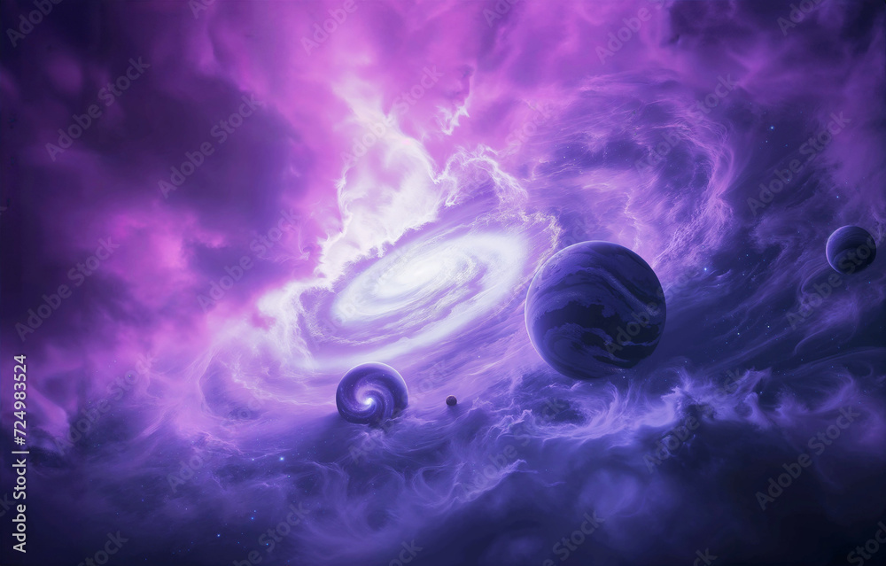 Wall mural spacescape of swirling galaxies and planets and stars and auroras,