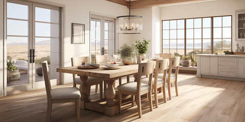 Fototapeta premium Design a modern farmhouse dining room with a reclaimed wood table, linen slip covered chairs, and a statement light fixture with pendant light, interior design 