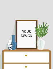 Empty photo frame on shelf with vases and palm leaves. Classic interior with picture layout. Vector illustration.