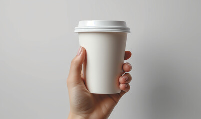 Model of a woman's hand. A woman holds a paper cup of coffee, on a light gray background. coffee mockup