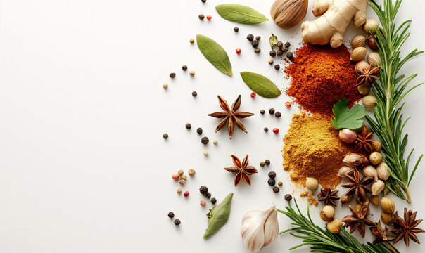 Spices in bowls. Colorful various herbs and spices for cooking in wooden bowls on a marble background. Assortment of natural spices. Healthy spice concept.