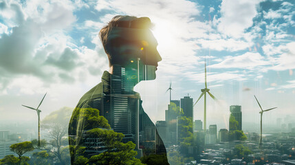 Double exposure of men with innovative city solar panels advanced, wind turbines and green trees ,harnessing renewable energy sources and clean energy, city background.