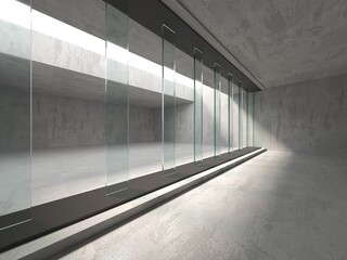 Abstract futuristic concrete and glass architecture. Minimalistic interior.