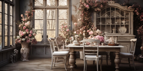 Fototapeta na wymiar Vintage-Inspired Dining Room with Farmhouse Table, Mismatched Chairs, and Chandelier and flowers on table and back shelf , glass window, interior design 