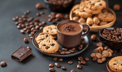 Chocolate chip cookies and a cup of hot chocolate on a black texture background.Dark chocolate...