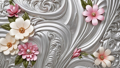 3D ceiling interior wallpaper with luxury beautiful flowers, swan, silver silk background for wall