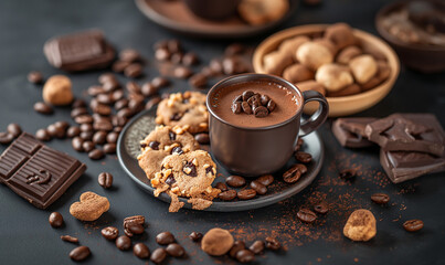 Chocolate chip cookies and a cup of hot chocolate on a black texture background.Dark chocolate...