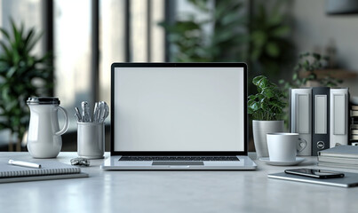Laptop with blank screen on wooden table. Home interior, cafe or office background. Mockup. Place...