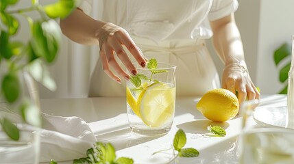 a woman delicately prepares tea or water infused with lemon and mint, the glass placed gracefully on a pristine white table, emanating freshness and tranquility. - obrazy, fototapety, plakaty