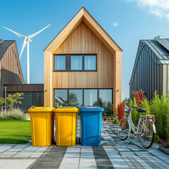A quaint suburban scene with a row of trash cans standing stoically under the clear blue sky, as a lone bicycle leans against the wooden building, its wheels mirroring the nearby plants and clouds in