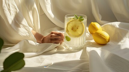 a woman delicately prepares tea or water infused with lemon and mint, the glass placed gracefully on a pristine white table, emanating freshness and tranquility.