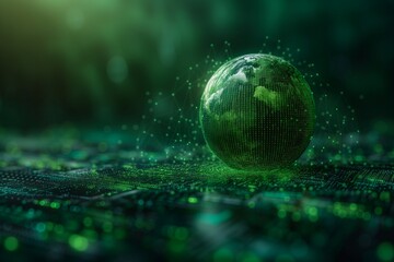 digital Earth holographic in green, composed of 1s and 0s Matrix movie inspired conveying a digital world concept