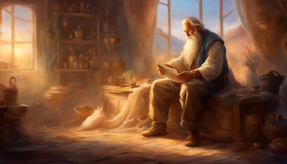 Fototapeta na wymiar Gray-haired man at the window. Fantasy room. Mysterious warm light. Magical old interior. AI generated