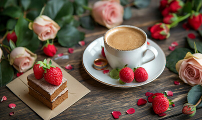 Marriage proposal. Surprise. A fragrant drink, a delicious dessert and wedding rings with flowers on the table. MARRIED.