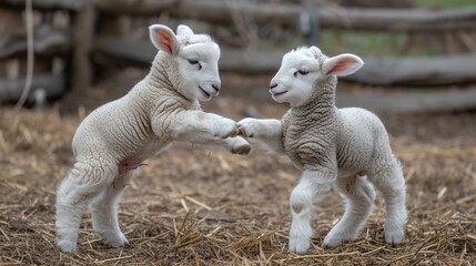 A playful interaction between lambs, showcasing the joy of farm life, [farming sheep]