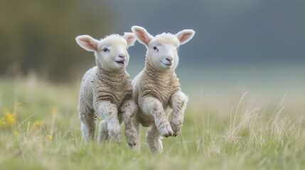 Fototapeta premium A playful interaction between lambs, showcasing the joy of farm life, [farming sheep]