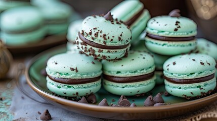 Obraz na płótnie Canvas homemade mint chocolate chip French macarons, each delicate shell sandwiching a luscious mint buttercream filling, arranged enticingly on a serving platter, inviting indulgence and delight.
