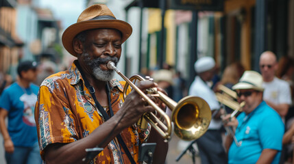 A lively New Orleans jazz band playing in the French Quarter embodying the spirit of the city. - obrazy, fototapety, plakaty
