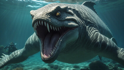Legendary underwater beast bares razor-sharp fangs, monstrous sea creature.