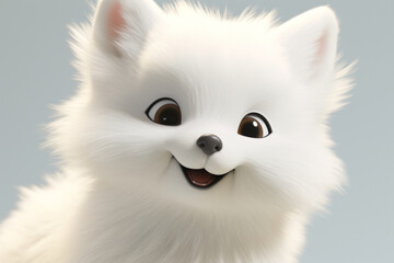 Fototapeta premium Adorable 3D cartoon arctic fox close-up portrait on a white background.