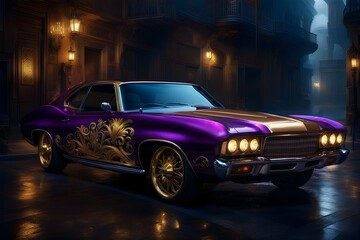 Vintage, old fashioned, purple car model with intricate gold design, parked in dark alley, dim lights and buildings in background, with copy space
