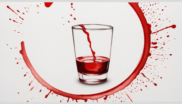 Red watercolor stain on white background in paper cup isolated. Ink splatter circle mark spill round drop grunge print splatter liquid spot.