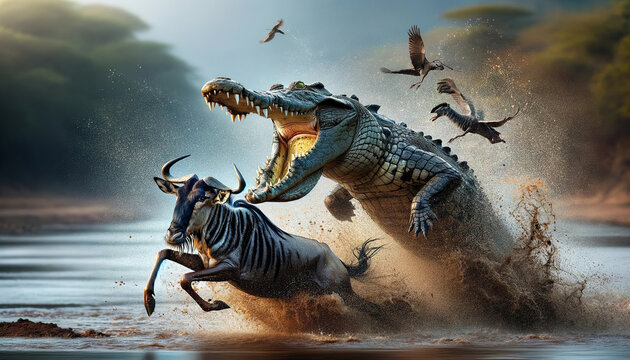 A dramatic encounter between a wildebeest and a crocodile in a muddy river, surrounded by flying birds, depicting the rawness of nature.Animal behavior concept. AI generated.