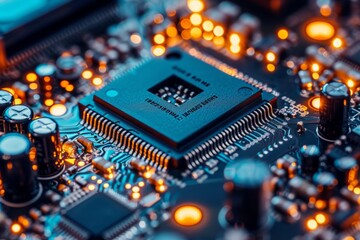 Close-up of computer chip on a part of electronic printed circuit board. Selective focus, shallow depth of field.